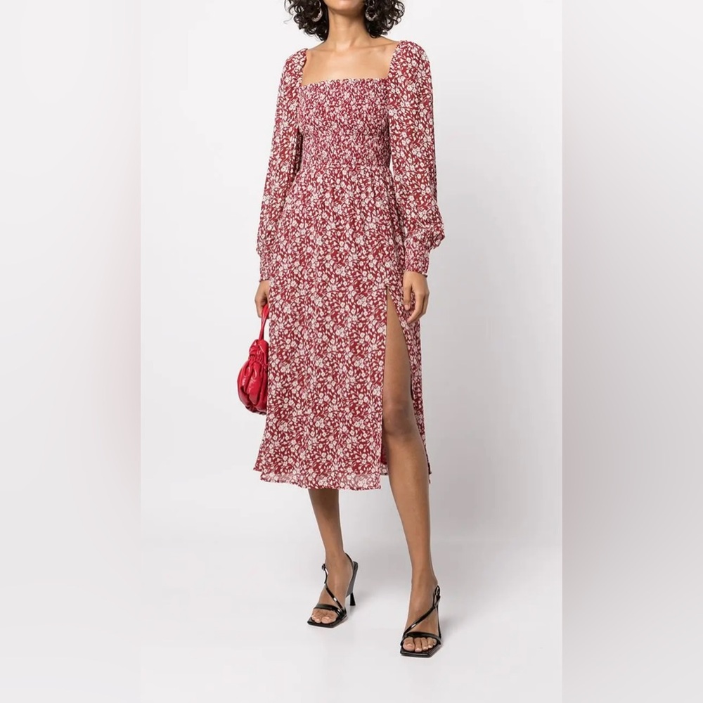 Reformation cello Red and White Floral Midi Dress with Side Slit. Summer vibe